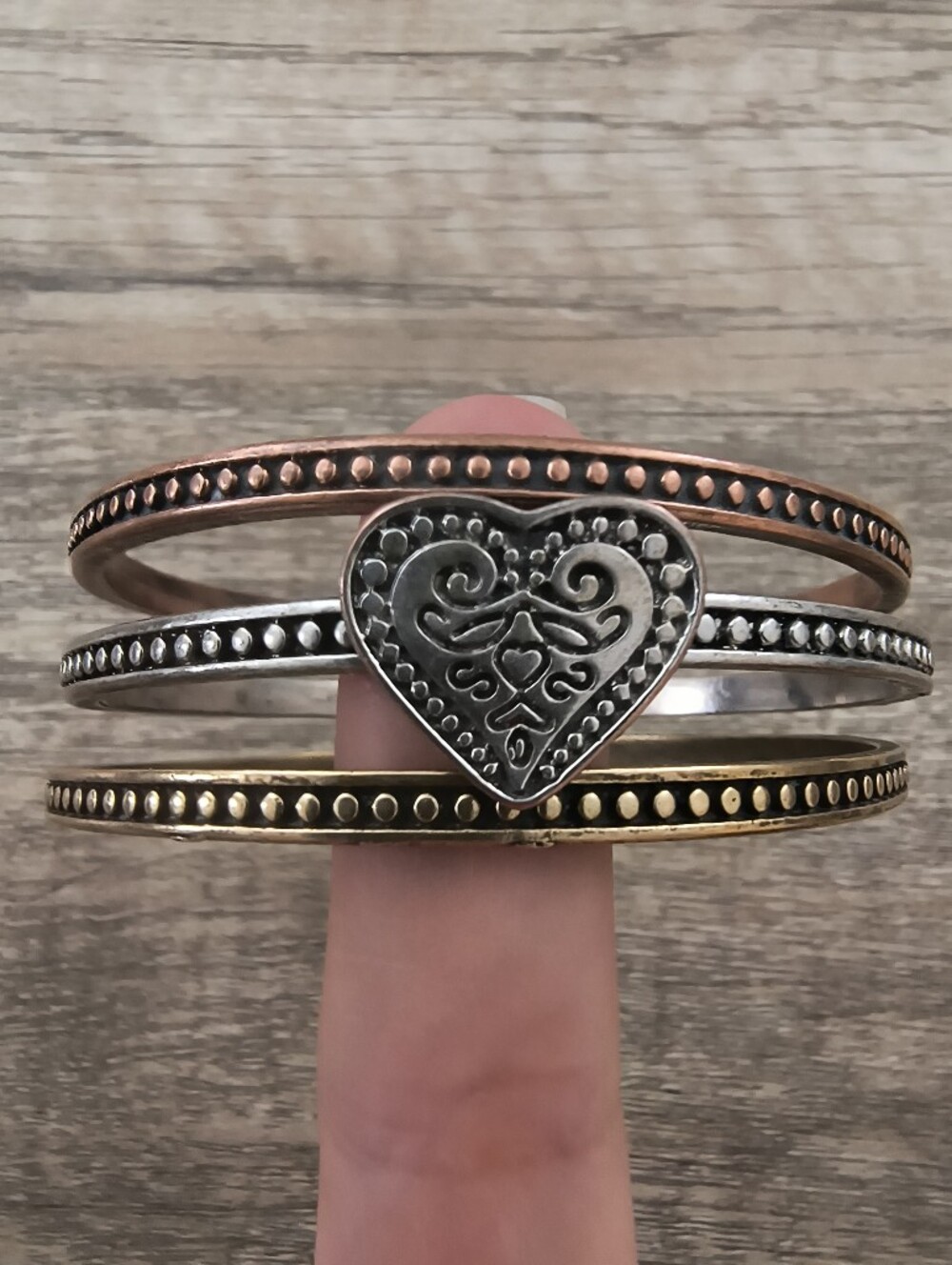 Vintage Brighton Ophelia Tri Color Triple Bangle Bracelet Set Scroll Heart